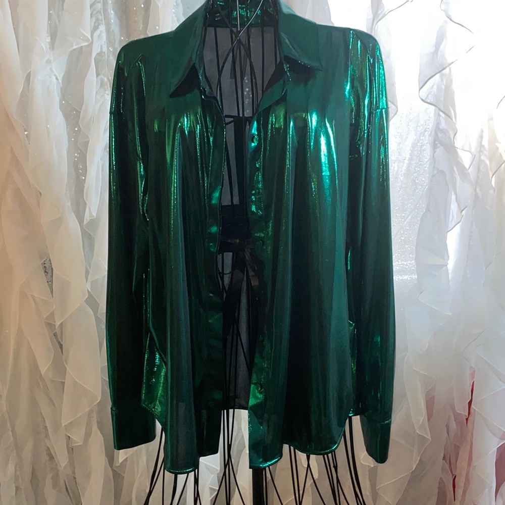 Anthropologie L Green Blouse Anthropologie The Gillian Liquid Shine Button-down